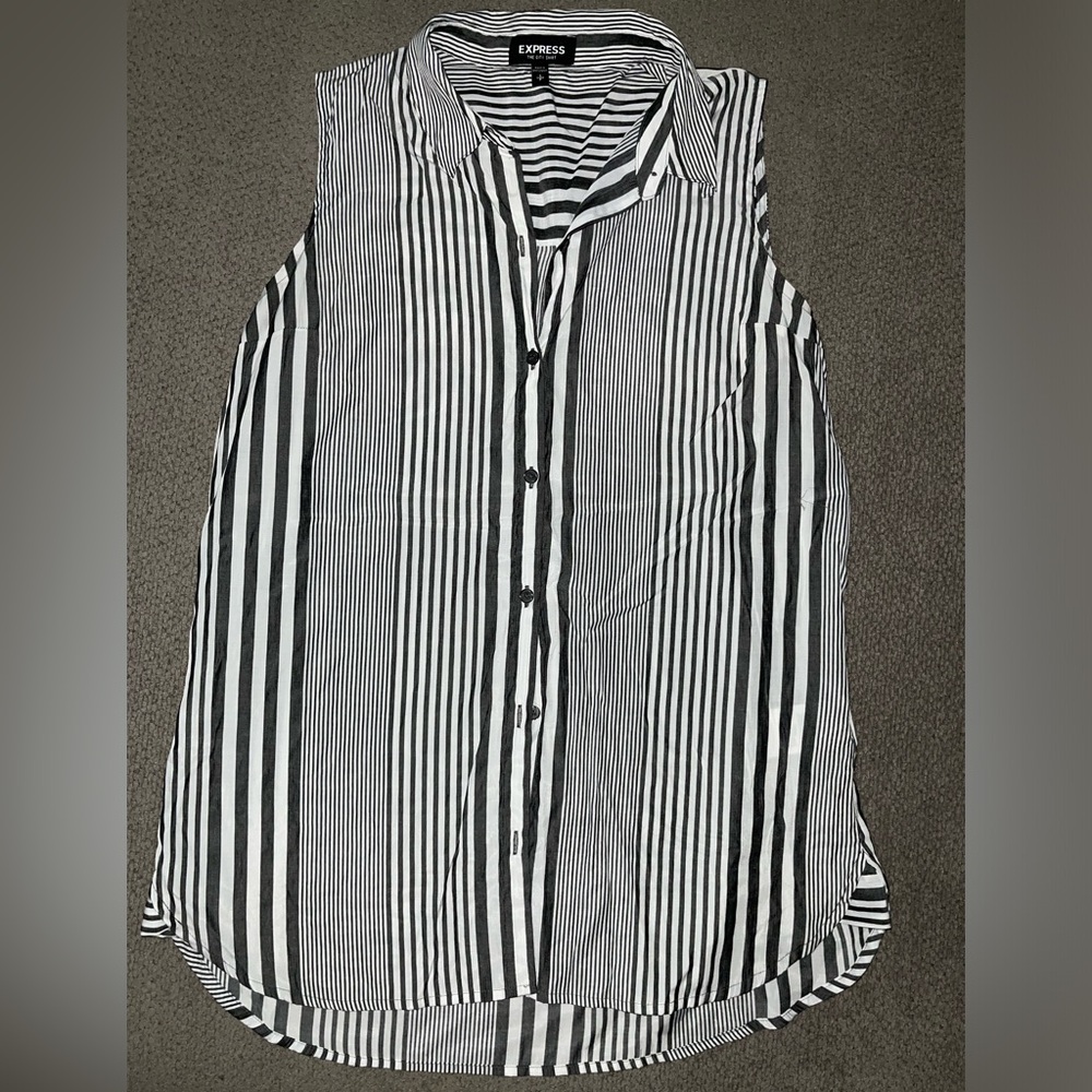 Express Sleeveless Button Down Dress Shirt Grey and White Stripes Size Small